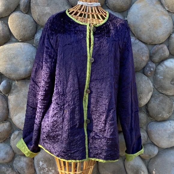 Cold Water Creek Reversible Jacket Velvet Beaded Purple & Green - Picture 1 of 5